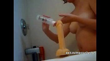 Amateur Fucks Shower Suction Cup Mounted Wall Dildo In Standing Doggie.