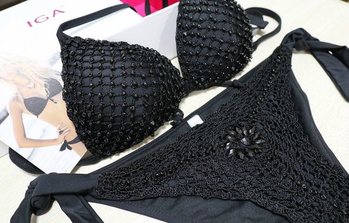 Black bikini with pearls and beads