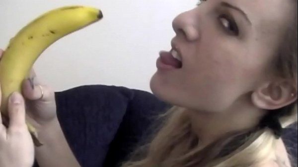 Babe practices blowjob banana